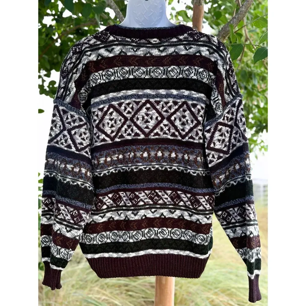 Vintage Michael Gerald Cardigan Sweater L Geometric Fair Isle Grandpa Knit 90s